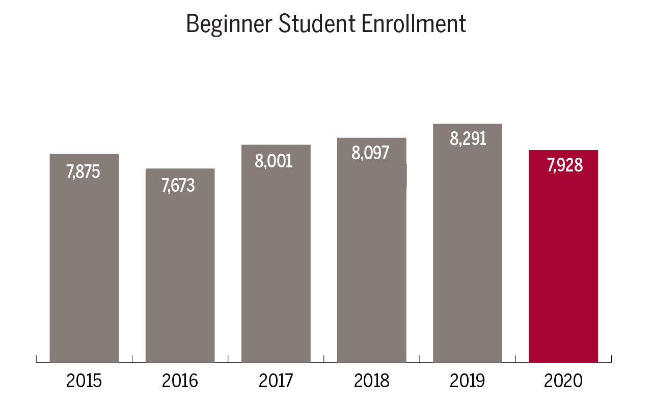 Beginner Enrollment by Intended School or College graphic show 7,875 for 2015, 7,673 for 2016, 8,001 for 2017, 8,097 for 2018, 8,291 for 2019, and 7,928 for 2020.
